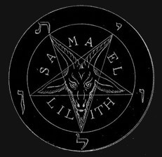 Mendesin vuohi ylösalaisin olevassa pentagrammissa, jota kiertaa kaksi ympyrää. Ympyröiden väliin on kirjoitettu Leviathan.